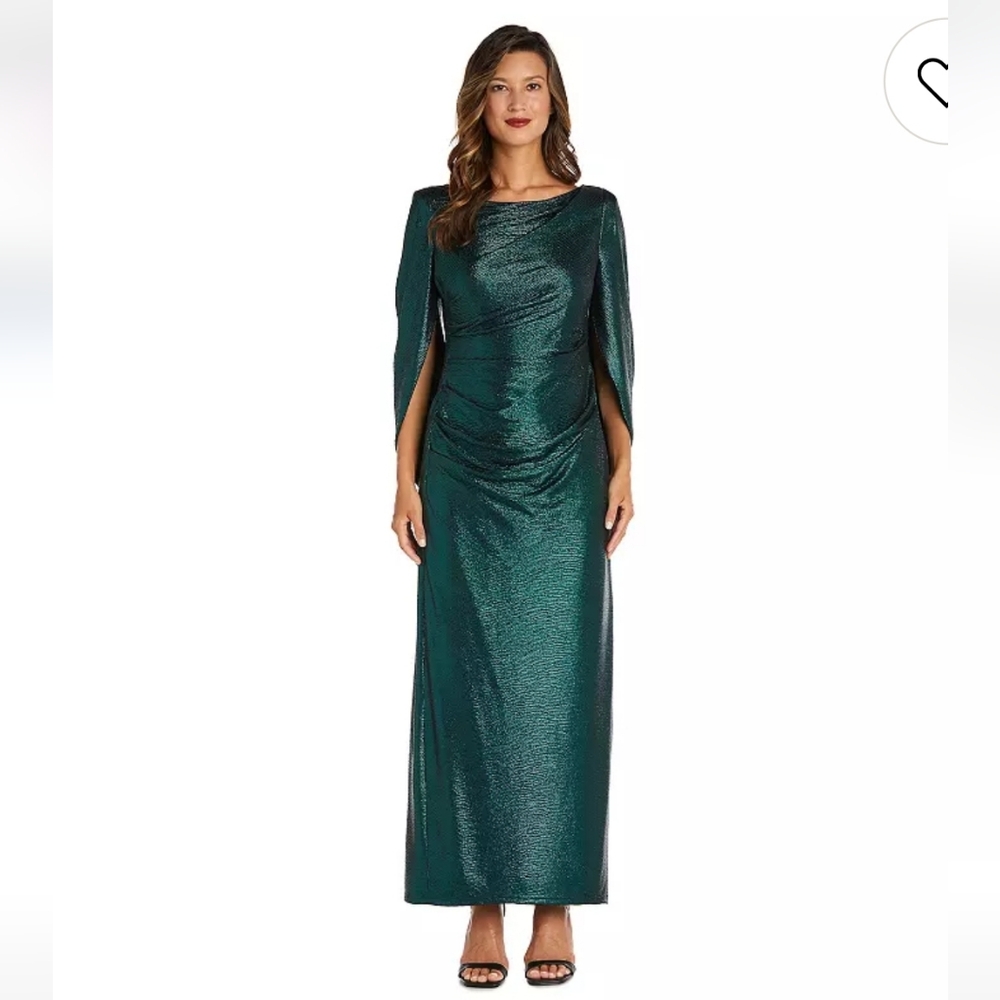 R&M Richards Teal Green Long Draped Cape-Sleeve Evening Gown